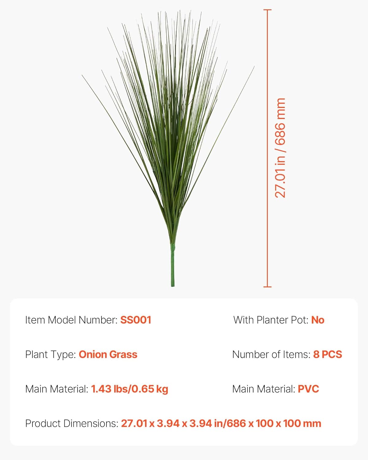 Artificial Grass Plant, 27 inch Faux Onion Grass Fake Greenery Shrubs Plant, Premium PVC for Indoor Outdoor House Home Garden Office Room Décor, Housewarming, 8 Pack Green