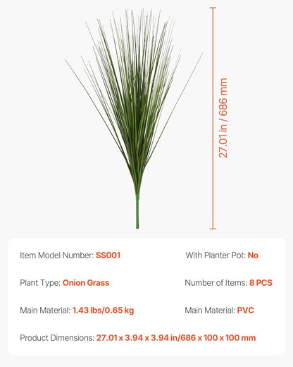 Artificial Grass Plant, 27 inch Faux Onion Grass Fake Greenery Shrubs Plant, Premium PVC for Indoor Outdoor House Home Garden Office Room Décor, Housewarming, 8 Pack Green