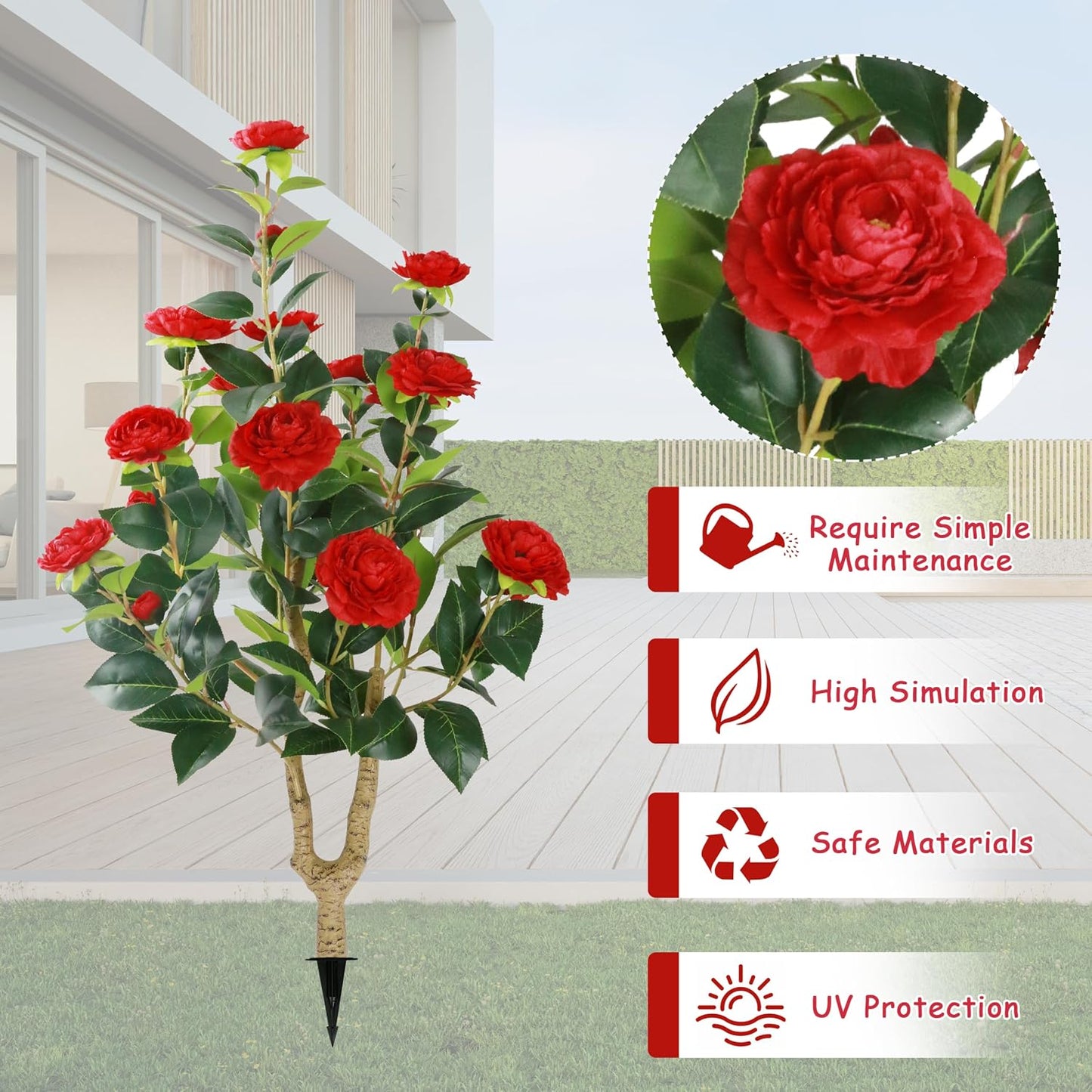 2 Packs 35.5" Artificial Camellia Tree, Faux White Camellia Flowers Plant with Spike, Fake Greenery Tree for Spring Home Front Door Outdoor Indoor Decoration (White)