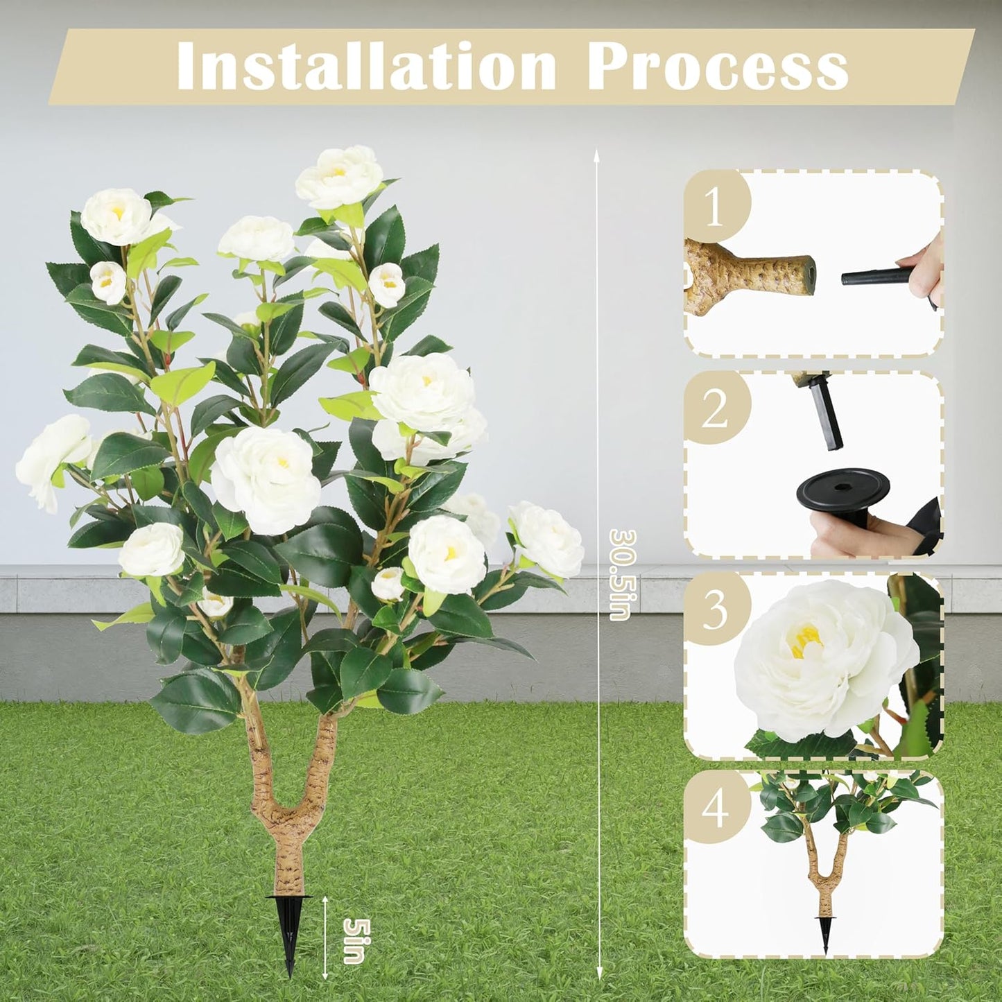 2 Packs 35.5" Artificial Camellia Tree, Faux White Camellia Flowers Plant with Spike, Fake Greenery Tree for Spring Home Front Door Outdoor Indoor Decoration (White)