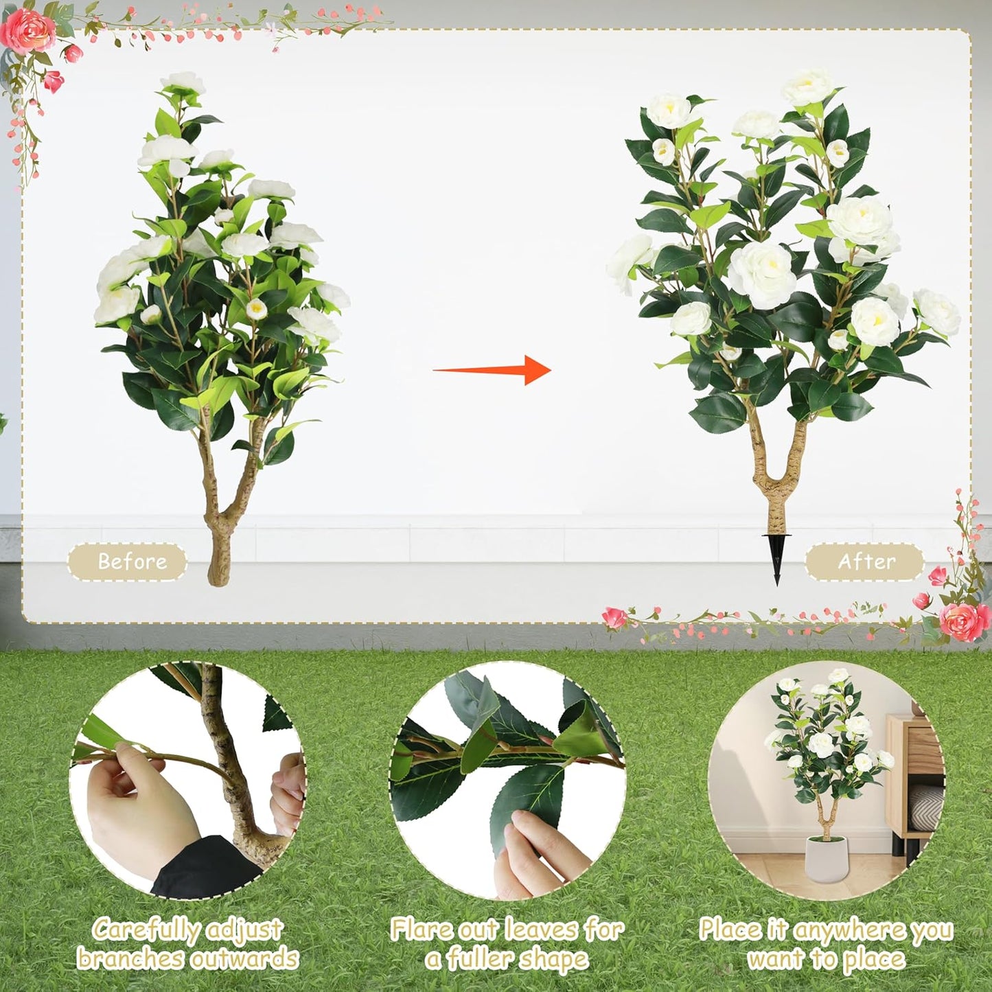 2 Packs 35.5" Artificial Camellia Tree, Faux White Camellia Flowers Plant with Spike, Fake Greenery Tree for Spring Home Front Door Outdoor Indoor Decoration (White)
