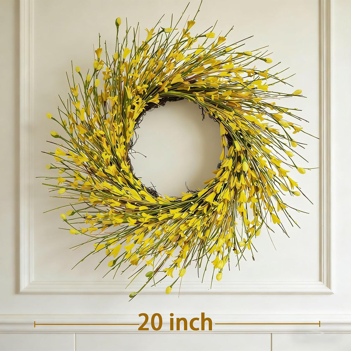 20inch Artificial Forsythia Flower Wreath, All Year Around Wreath for Front Door, Wedding Window Home Wall Indoor Front Door Decor (Yellow, 20in)