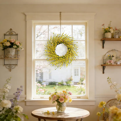 20inch Artificial Forsythia Flower Wreath, All Year Around Wreath for Front Door, Wedding Window Home Wall Indoor Front Door Decor (Yellow, 20in)