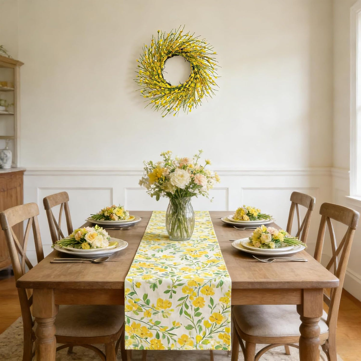 20inch Artificial Forsythia Flower Wreath, All Year Around Wreath for Front Door, Wedding Window Home Wall Indoor Front Door Decor (Yellow, 20in)