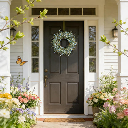 20inch Artificial Forsythia Flower Wreath, All Year Around Wreath for Front Door, Wedding Window Home Wall Indoor Front Door Decor (Yellow, 20in)