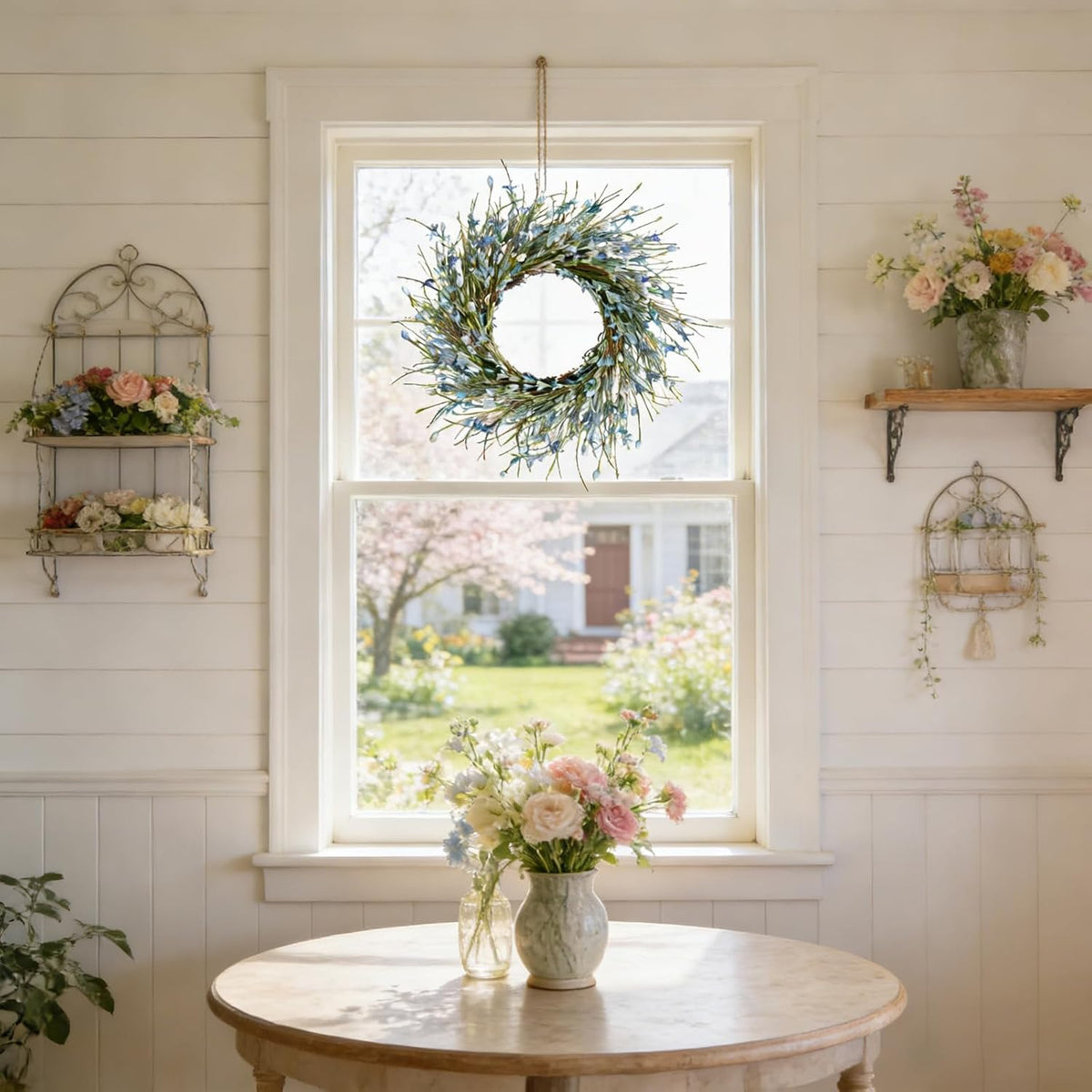 20inch Artificial Forsythia Flower Wreath, All Year Around Wreath for Front Door, Wedding Window Home Wall Indoor Front Door Decor (Yellow, 20in)