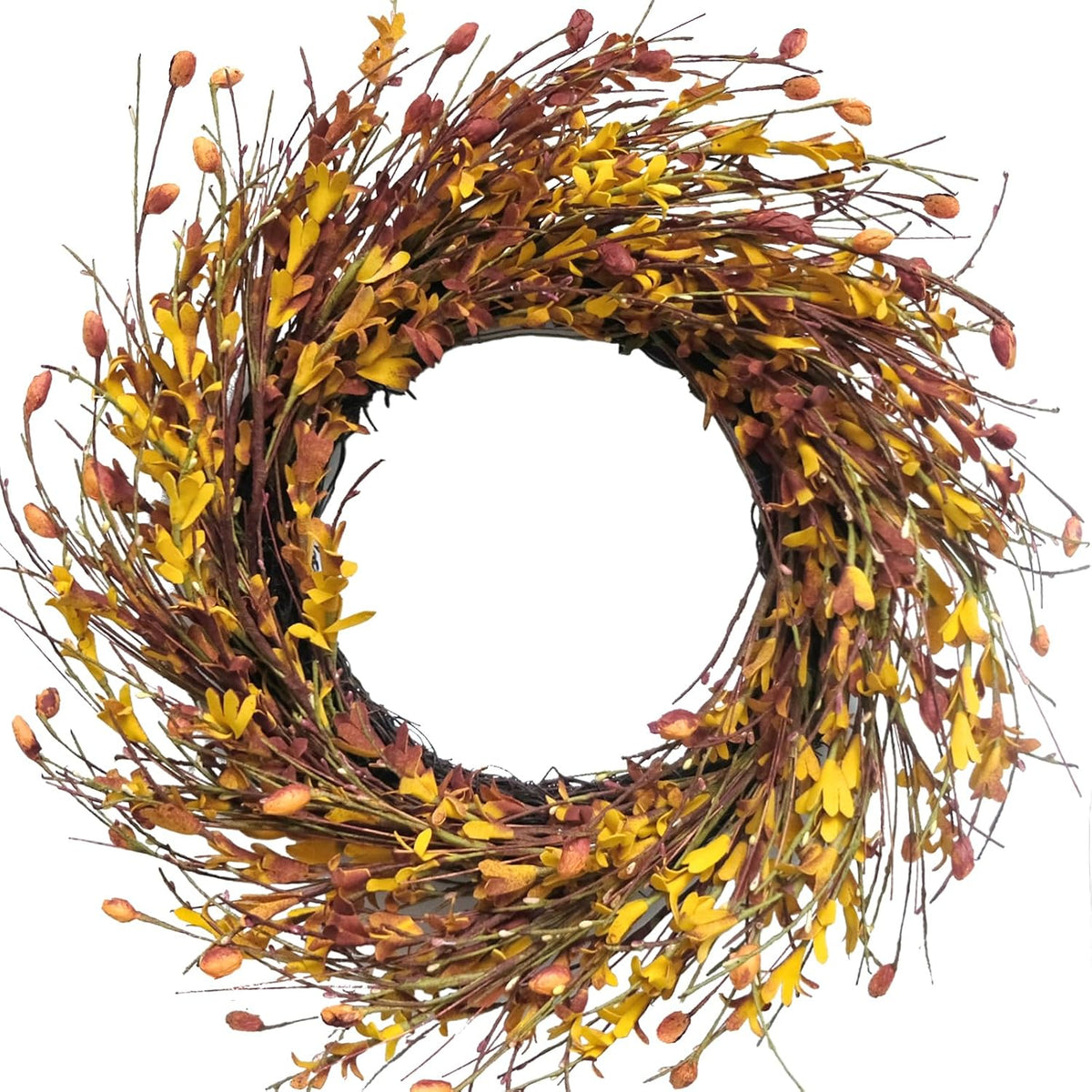 20inch Artificial Forsythia Flower Wreath, All Year Around Wreath for Front Door, Wedding Window Home Wall Indoor Front Door Decor (Yellow, 20in)