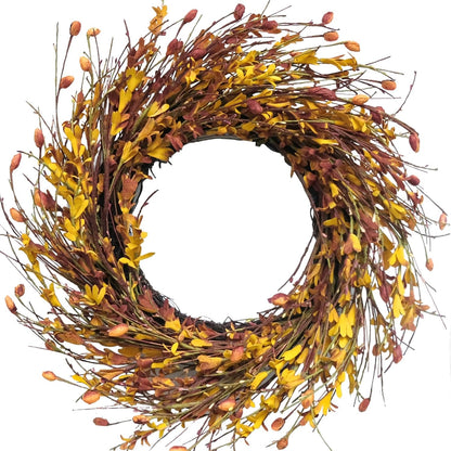 20inch Artificial Forsythia Flower Wreath, All Year Around Wreath for Front Door, Wedding Window Home Wall Indoor Front Door Decor (Yellow, 20in)