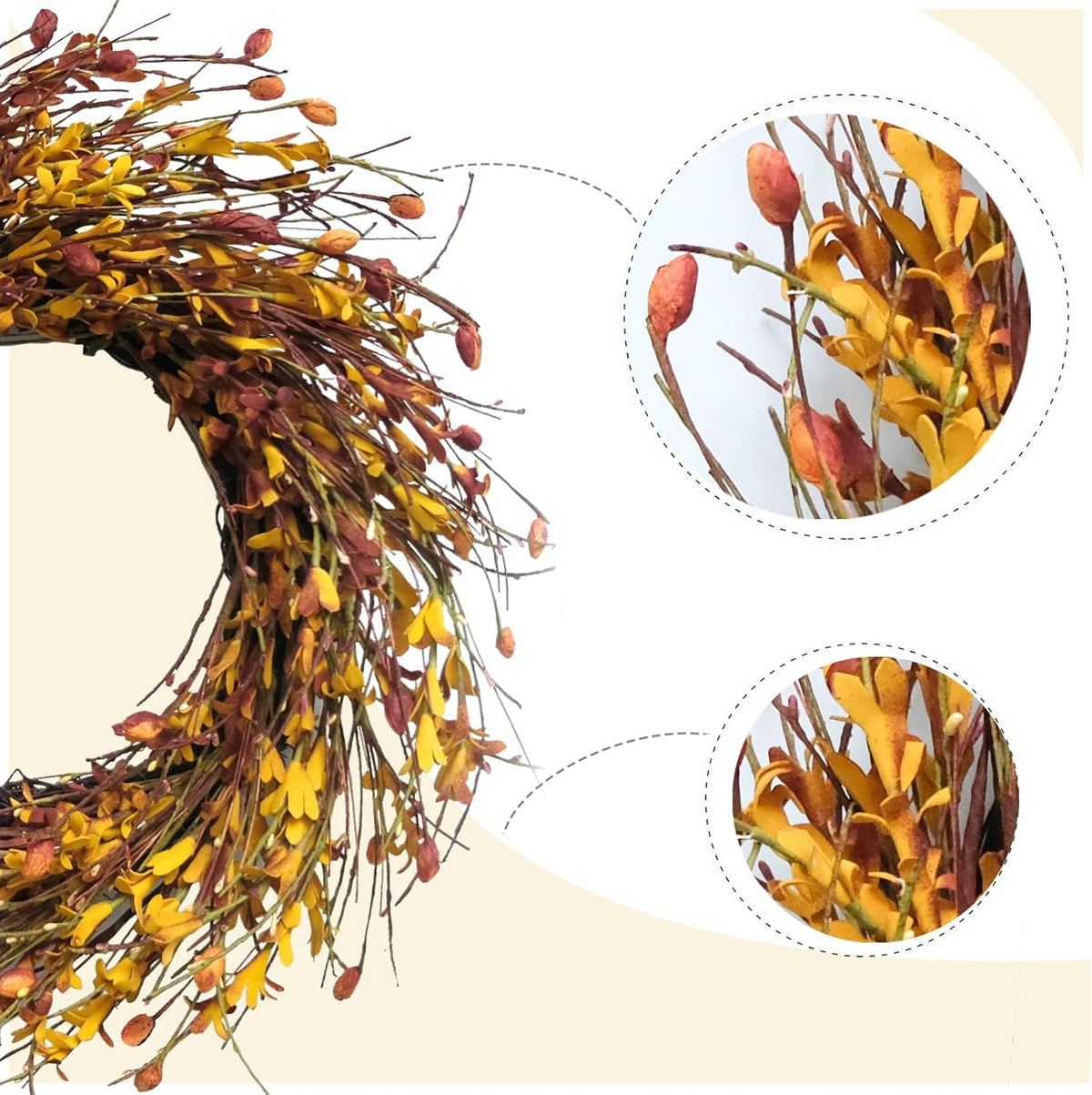 20inch Artificial Forsythia Flower Wreath, All Year Around Wreath for Front Door, Wedding Window Home Wall Indoor Front Door Decor (Yellow, 20in)