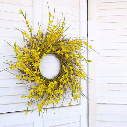 20inch Artificial Forsythia Flower Wreath, All Year Around Wreath for Front Door, Wedding Window Home Wall Indoor Front Door Decor (Yellow, 20in)