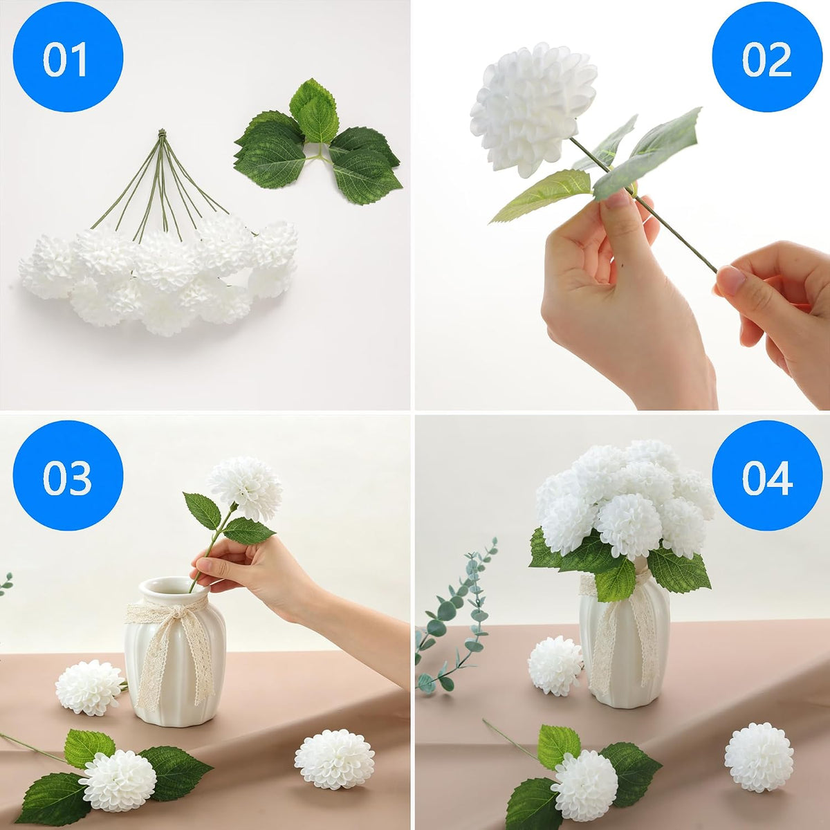 Artificial White Dahlias Flowers 12 Pcs