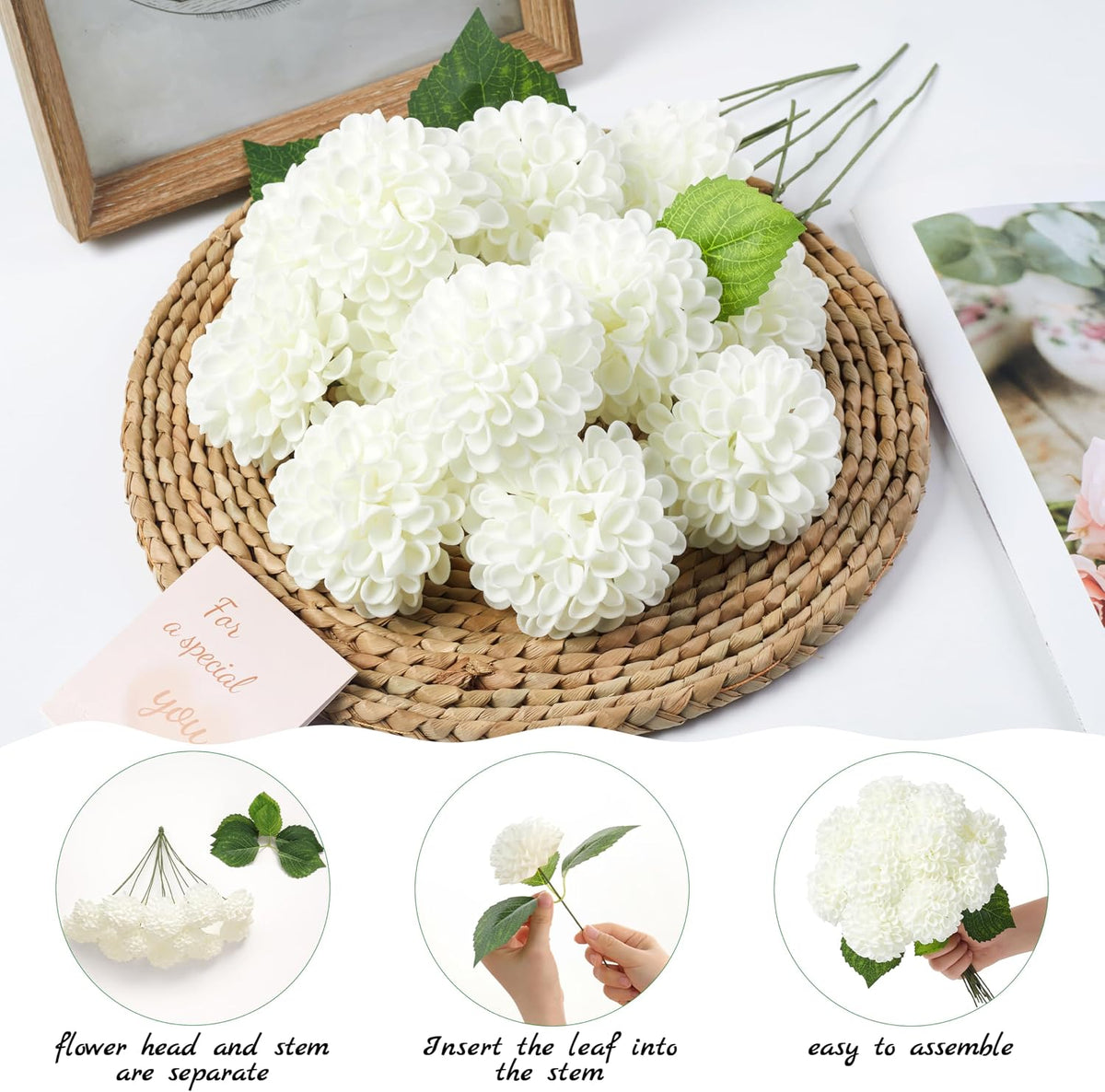 Artificial White Dahlias Flowers 12 Pcs