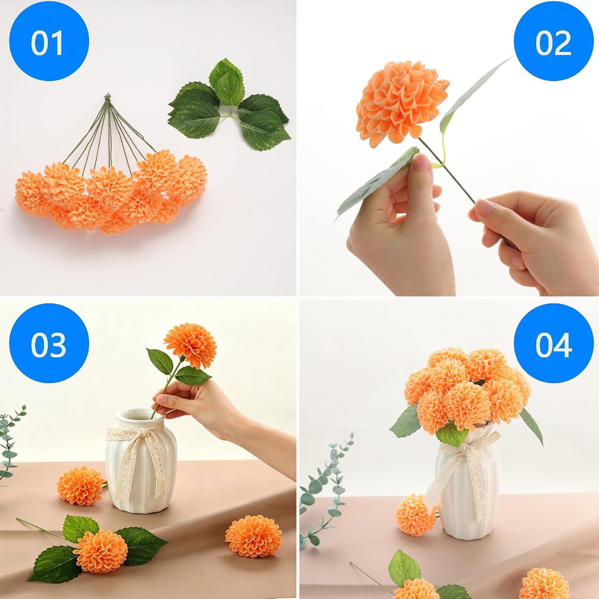 Artificial White Dahlias Flowers 12 Pcs