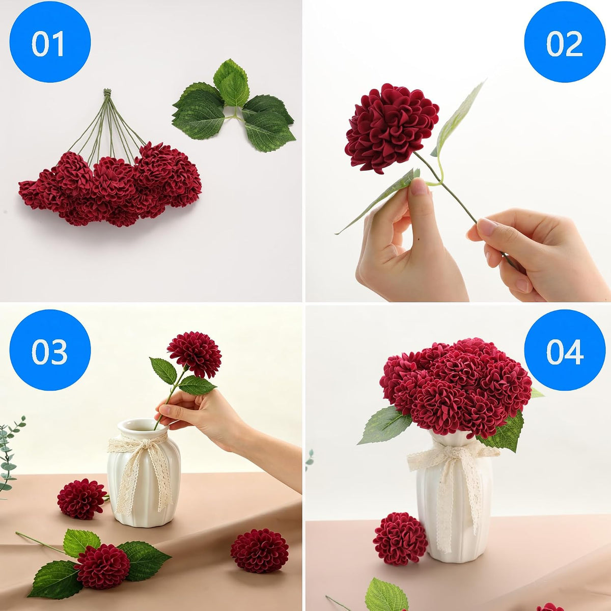 Artificial White Dahlias Flowers 12 Pcs