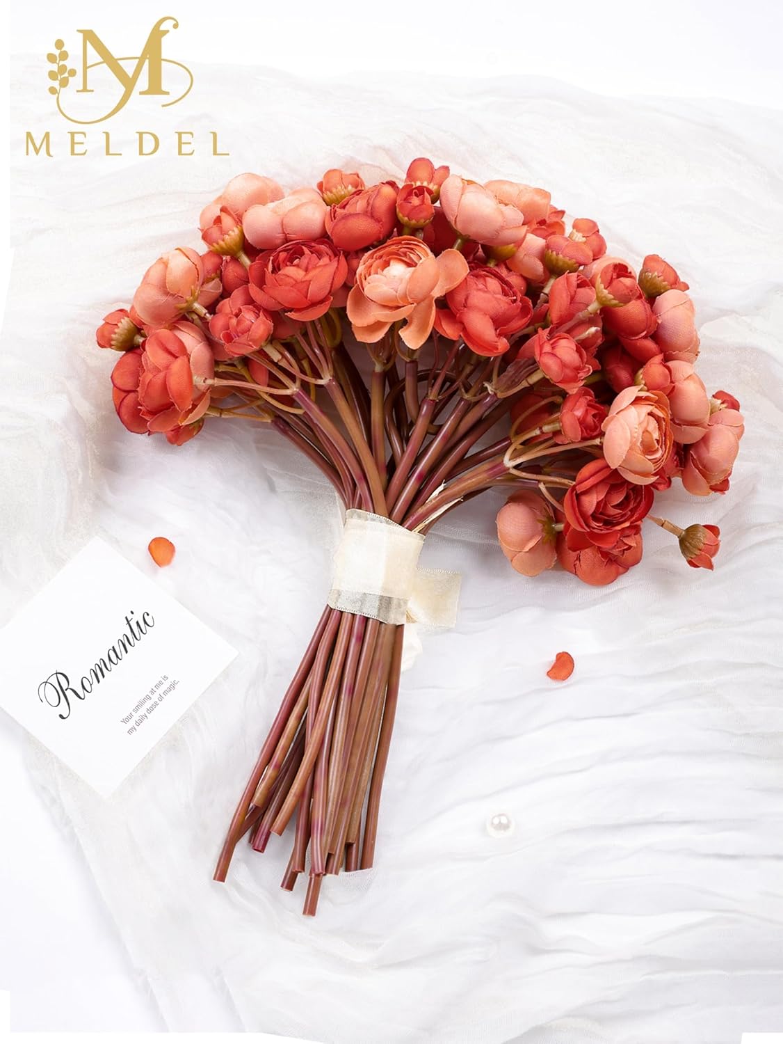 32pcs Ranunculus Artificial Flower, Faux Silk Mini Orange Ranunculus Flowers for DIY Bouquet, Bulk Fake Peony Wedding Filler Flowers for Centerpieces Arrangements Bridal Shower Decorations