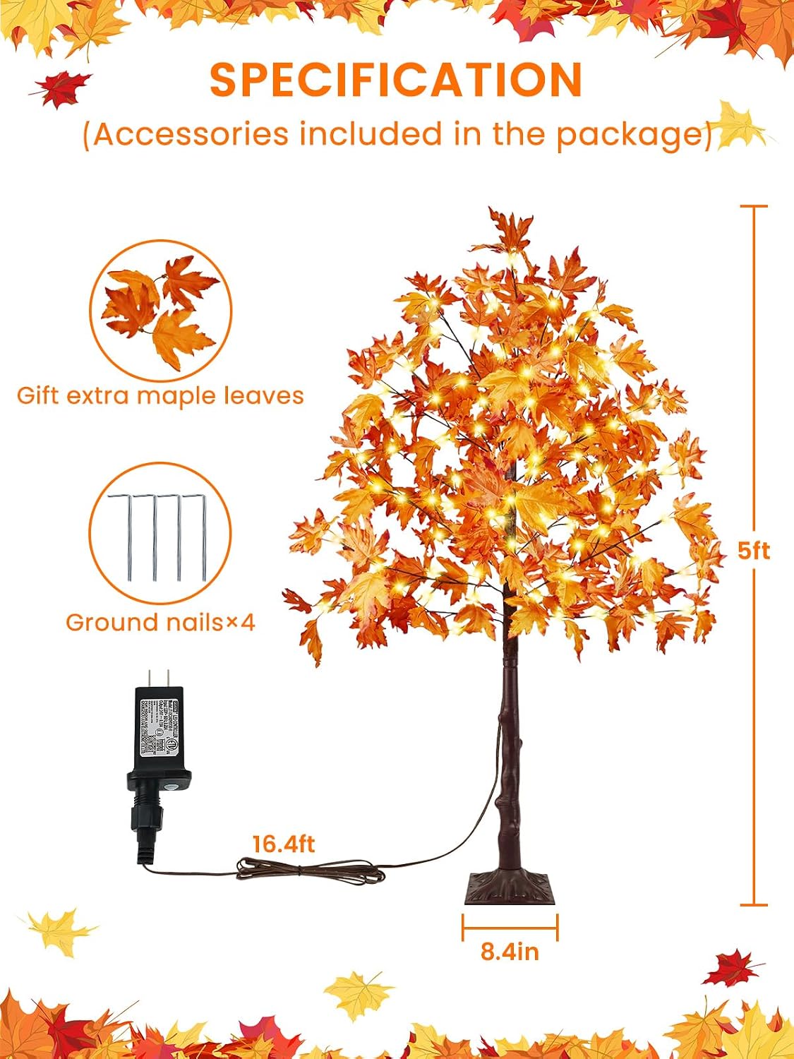 4FT 100 LED Lighted Maple Tree, Artificial Fall Tree Outdoor/Indoor