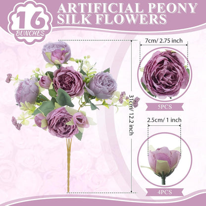 16 Bundles Artificial Peonies Silk Peonies Faux Flower Bouquet Fake Peony Flower Arrangements Table Centerpieces for Vase Wedding Party Boho Home Office Decoration Bulk (Rose Red, Pink)