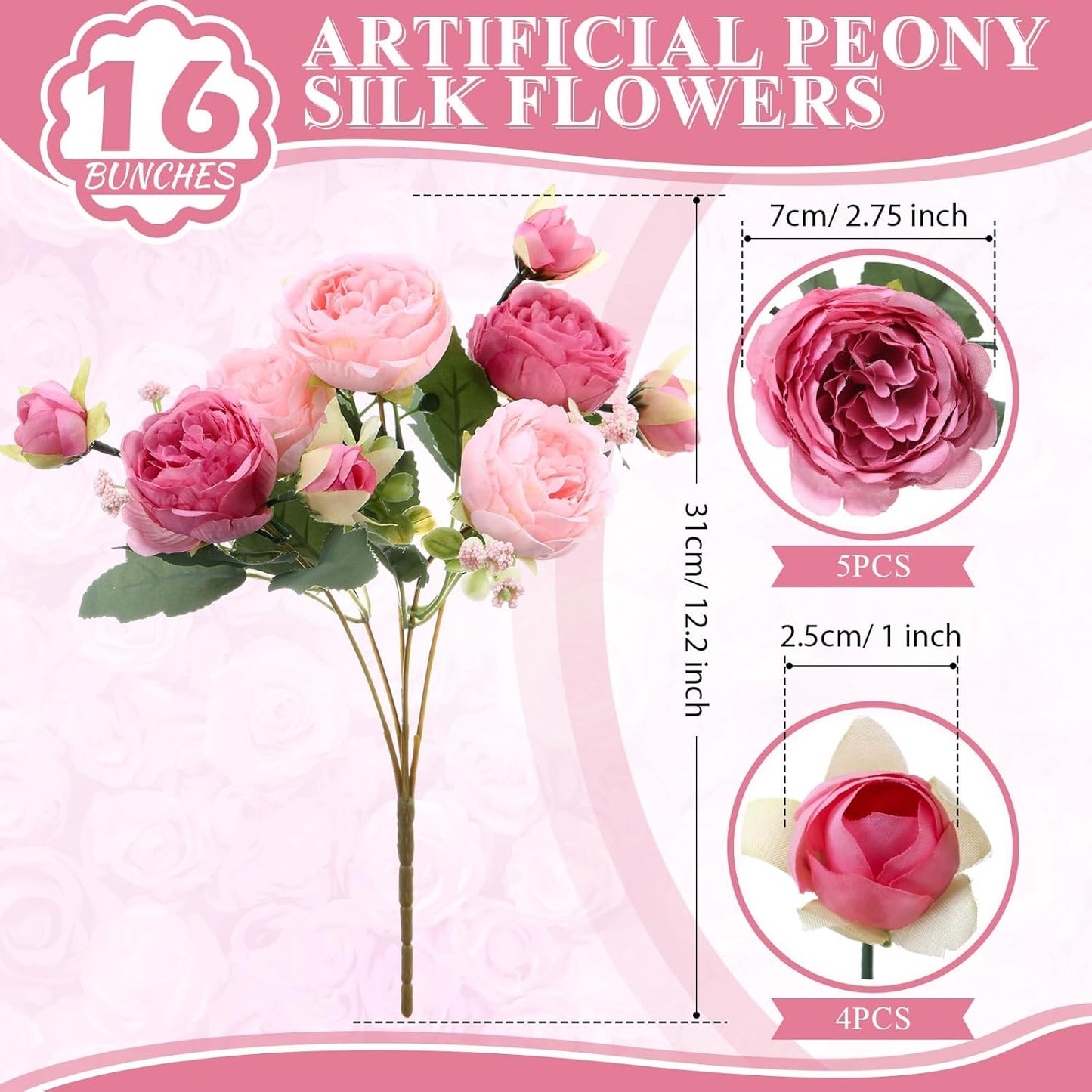 16 Bundles Artificial Peonies Silk Peonies Faux Flower Bouquet Fake Peony Flower Arrangements Table Centerpieces for Vase Wedding Party Boho Home Office Decoration Bulk (Rose Red, Pink)