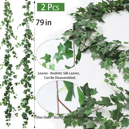 2 Strands Artificial Vines Ivy Garland 79" Fake Vine with Silk Green Leaves Faux Hanging Plants Greenery Decoration for Outdoors Party Wedding Indoor Mantle Bedroom Home Decor (Ivy)