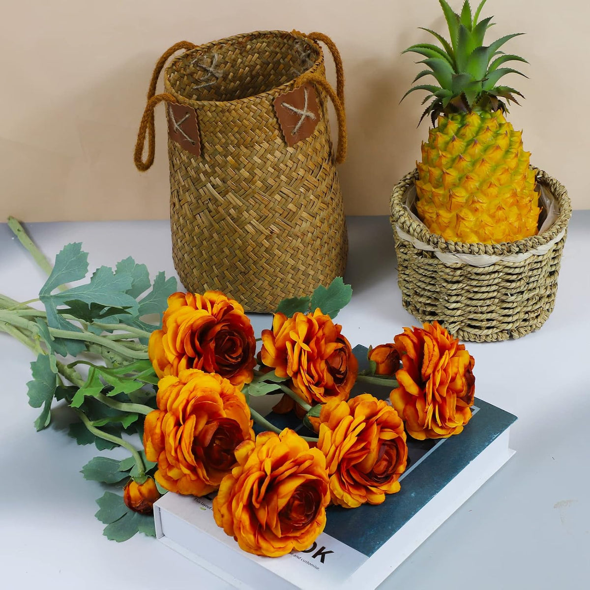 5 Stems Artificial Silk Ranunculus Flowers Orange 23" Tall,UV Resistant,Bendable Stems for Wedding Centerpieces,Home Deco（Orange）