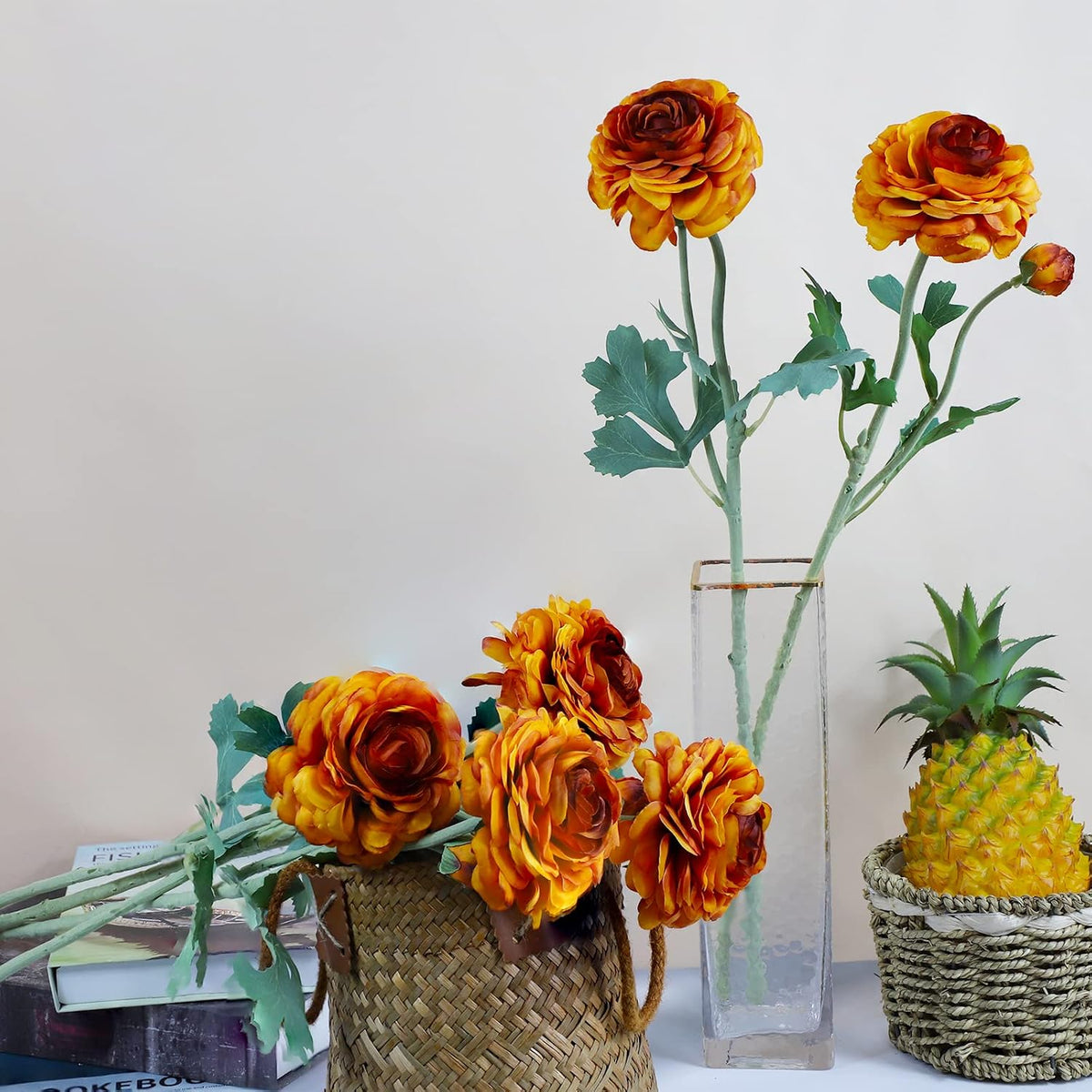 5 Stems Artificial Silk Ranunculus Flowers Orange 23" Tall,UV Resistant,Bendable Stems for Wedding Centerpieces,Home Deco（Orange）