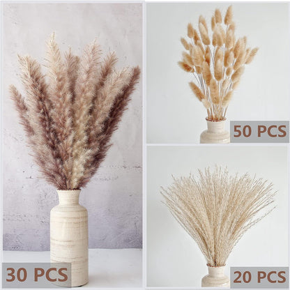 Dried Pampas Grass Decor, 100 Stems Pampas Grass Contains Bunny Tails Dried Flowers, Reed Grass Bouquet for Wedding Boho Flowers Home Table Decor, Rustic Farmhouse Party (17", White and Brown)