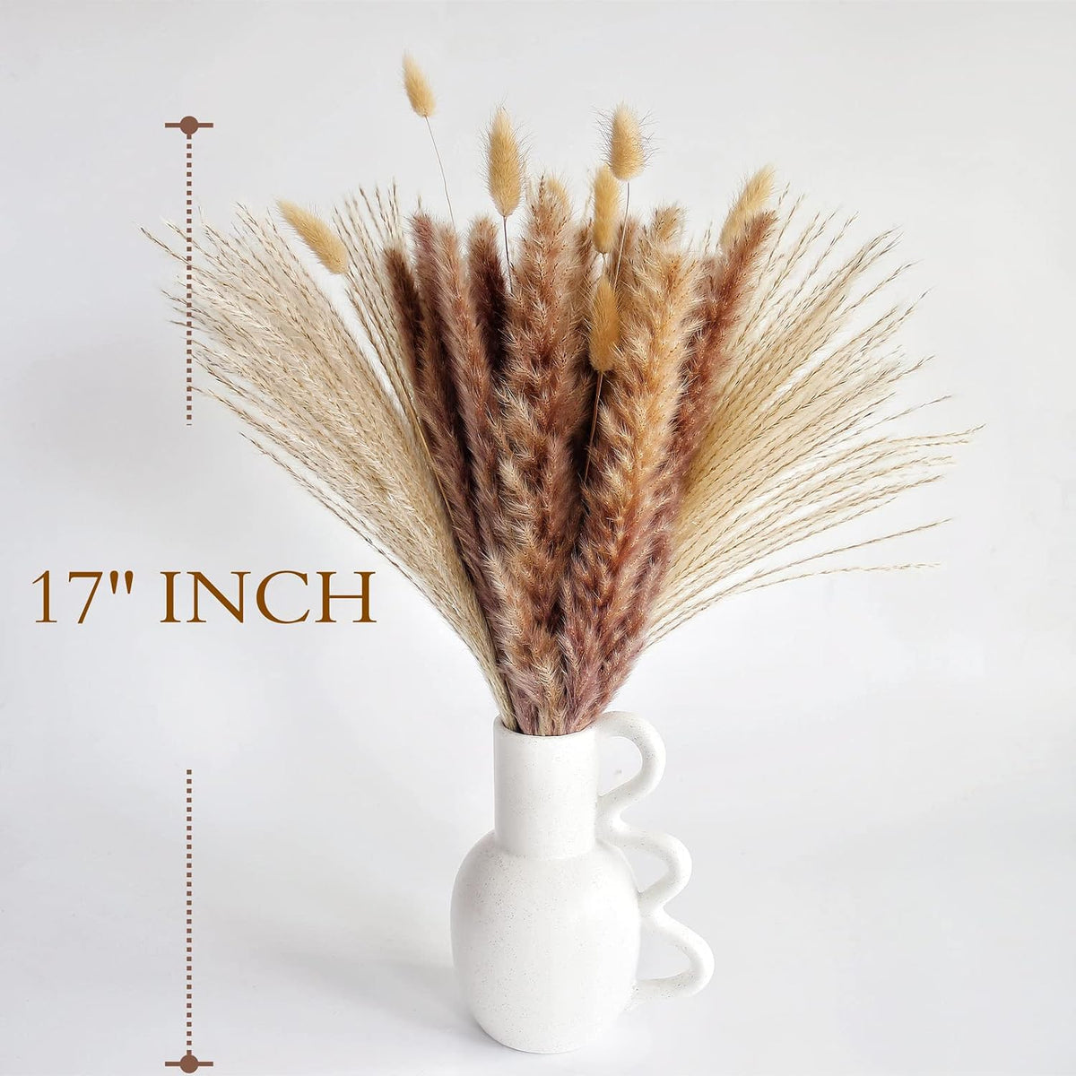 Dried Pampas Grass Decor, 100 Stems Pampas Grass Contains Bunny Tails Dried Flowers, Reed Grass Bouquet for Wedding Boho Flowers Home Table Decor, Rustic Farmhouse Party (17", White and Brown)