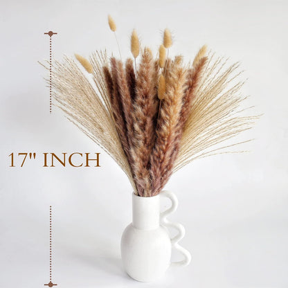 Dried Pampas Grass Decor, 100 Stems Pampas Grass Contains Bunny Tails Dried Flowers, Reed Grass Bouquet for Wedding Boho Flowers Home Table Decor, Rustic Farmhouse Party (17", White and Brown)
