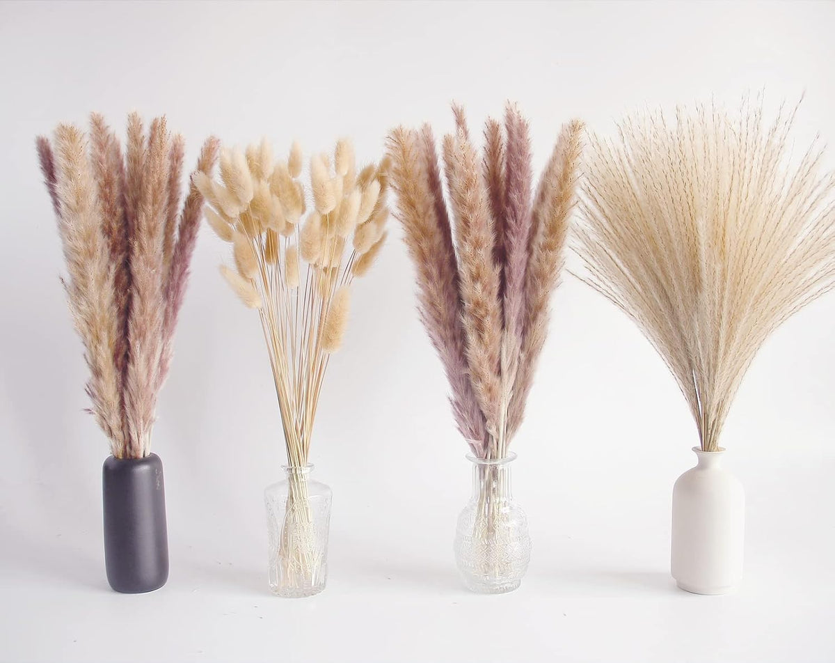 Dried Pampas Grass Decor, 100 Stems Pampas Grass Contains Bunny Tails Dried Flowers, Reed Grass Bouquet for Wedding Boho Flowers Home Table Decor, Rustic Farmhouse Party (17", White and Brown)
