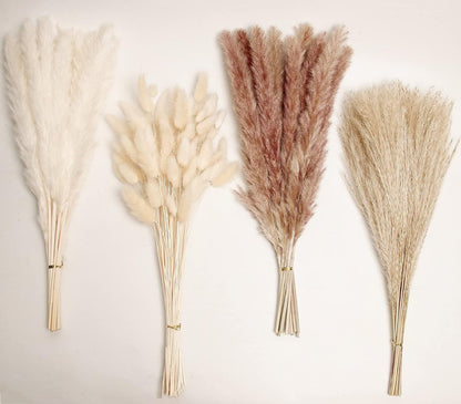 Dried Pampas Grass Decor, 100 Stems Pampas Grass Contains Bunny Tails Dried Flowers, Reed Grass Bouquet for Wedding Boho Flowers Home Table Decor, Rustic Farmhouse Party (17", White and Brown)