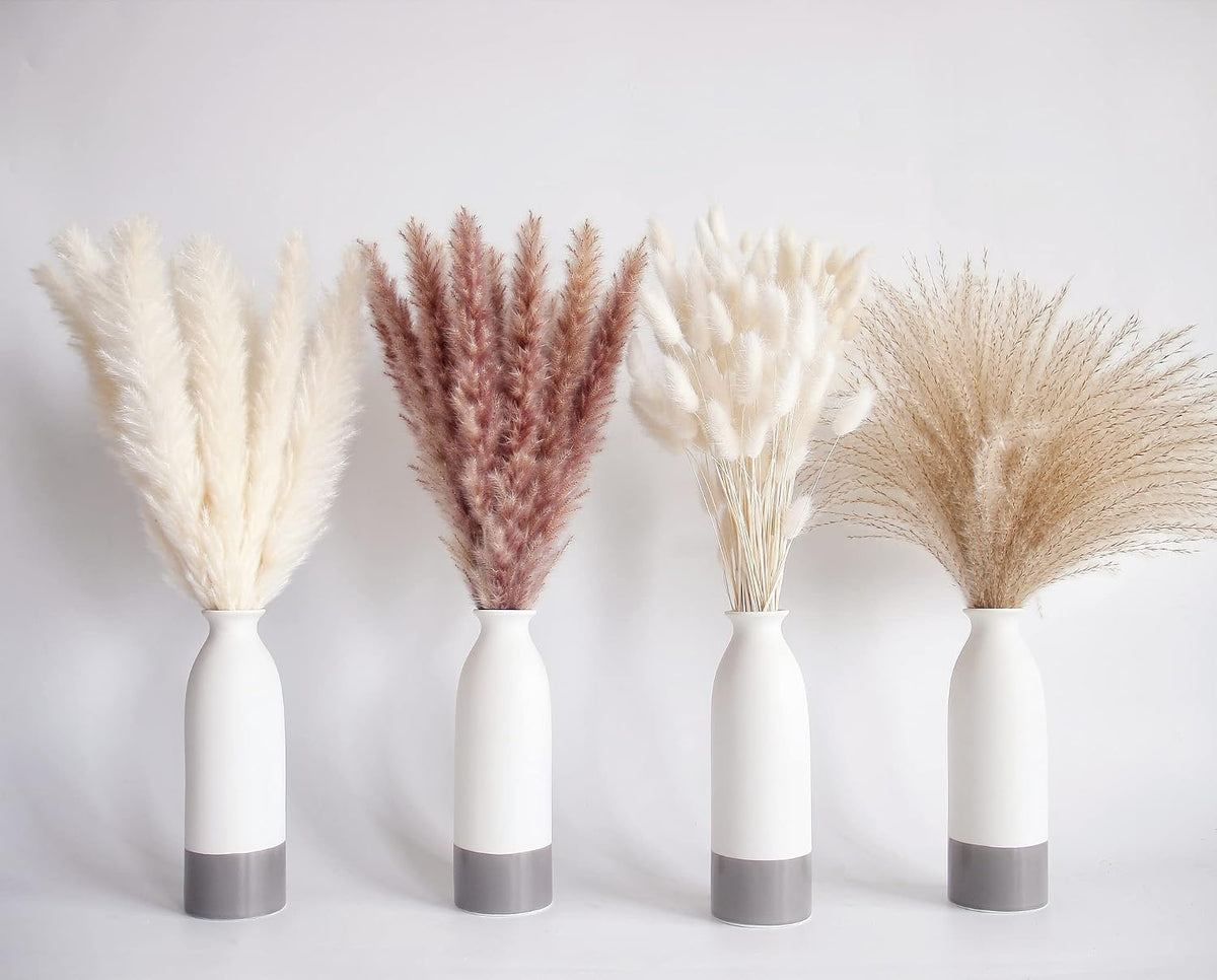 Dried Pampas Grass Decor, 100 Stems Pampas Grass Contains Bunny Tails Dried Flowers, Reed Grass Bouquet for Wedding Boho Flowers Home Table Decor, Rustic Farmhouse Party (17", White and Brown)