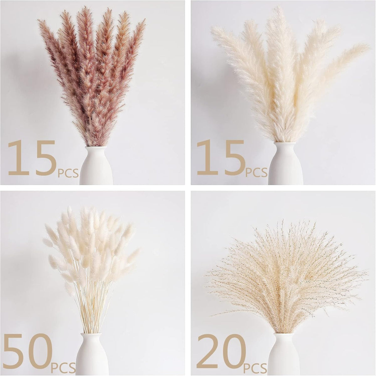 Dried Pampas Grass Decor, 100 Stems Pampas Grass Contains Bunny Tails Dried Flowers, Reed Grass Bouquet for Wedding Boho Flowers Home Table Decor, Rustic Farmhouse Party (17", White and Brown)