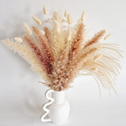 Dried Pampas Grass Decor, 100 Stems Pampas Grass Contains Bunny Tails Dried Flowers, Reed Grass Bouquet for Wedding Boho Flowers Home Table Decor, Rustic Farmhouse Party (17", White and Brown)