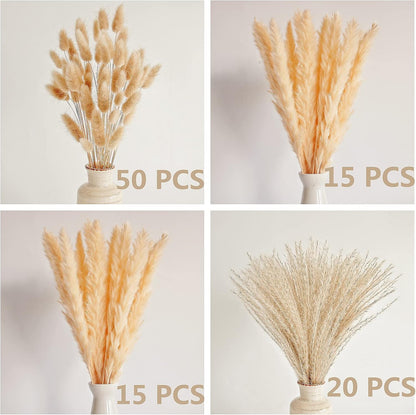 Dried Pampas Grass Decor, 100 Stems Pampas Grass Contains Bunny Tails Dried Flowers, Reed Grass Bouquet for Wedding Boho Flowers Home Table Decor, Rustic Farmhouse Party (17", White and Brown)