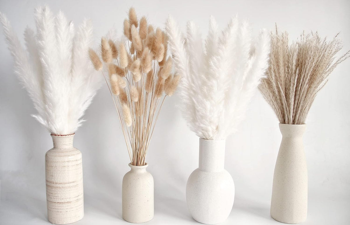 Dried Pampas Grass Decor, 100 Stems Pampas Grass Contains Bunny Tails Dried Flowers, Reed Grass Bouquet for Wedding Boho Flowers Home Table Decor, Rustic Farmhouse Party (17", White and Brown)
