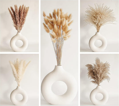 Dried Pampas Grass Decor, 100 Stems Pampas Grass Contains Bunny Tails Dried Flowers, Reed Grass Bouquet for Wedding Boho Flowers Home Table Decor, Rustic Farmhouse Party (17", White and Brown)