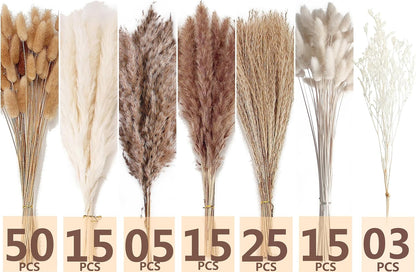 Dried Pampas Grass Decor, 100 Stems Pampas Grass Contains Bunny Tails Dried Flowers, Reed Grass Bouquet for Wedding Boho Flowers Home Table Decor, Rustic Farmhouse Party (17", White and Brown)