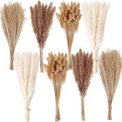 Dried Pampas Grass Decor, 100 Stems Pampas Grass Contains Bunny Tails Dried Flowers, Reed Grass Bouquet for Wedding Boho Flowers Home Table Decor, Rustic Farmhouse Party (17", White and Brown)