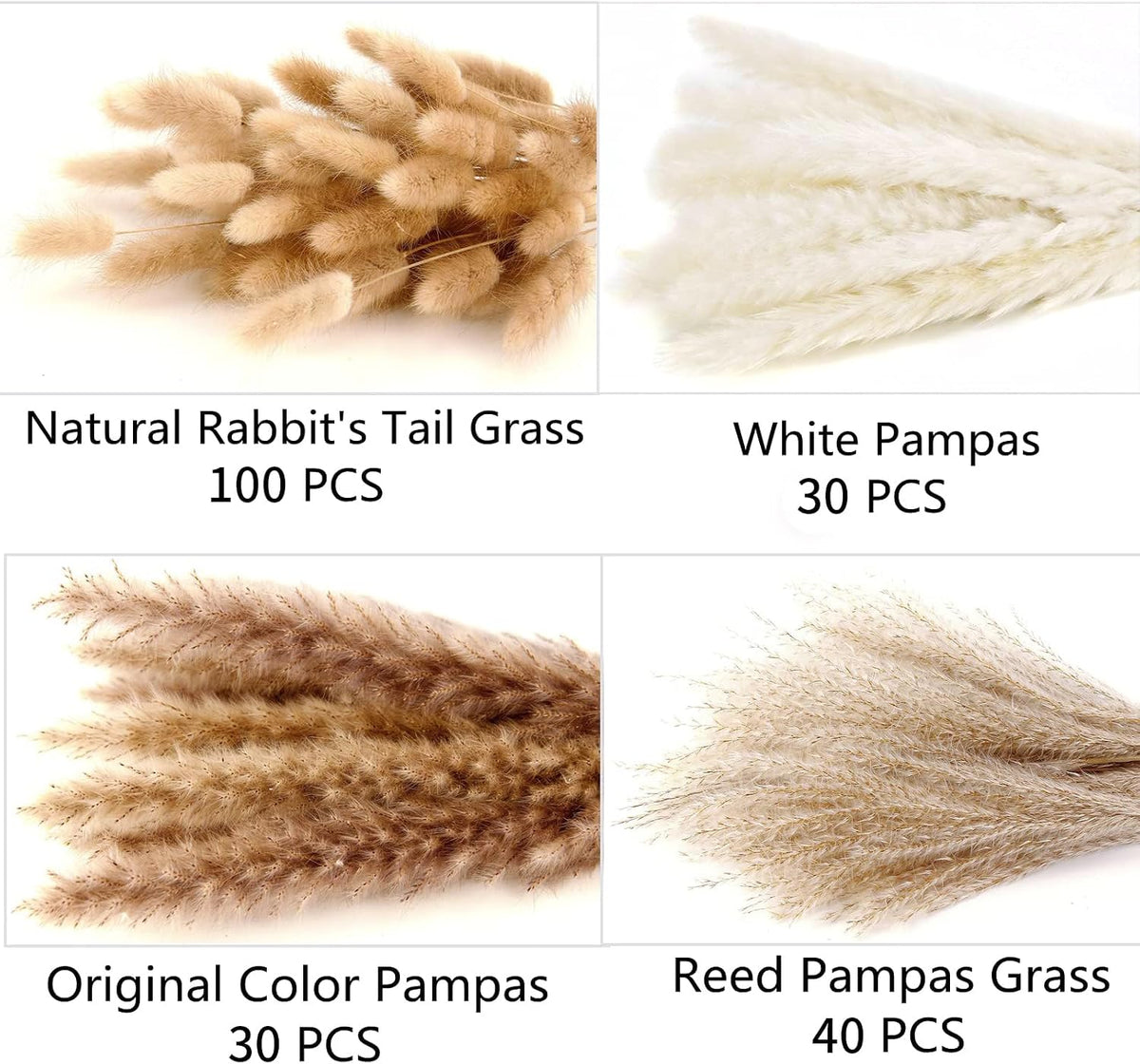 Dried Pampas Grass Decor, 100 Stems Pampas Grass Contains Bunny Tails Dried Flowers, Reed Grass Bouquet for Wedding Boho Flowers Home Table Decor, Rustic Farmhouse Party (17", White and Brown)