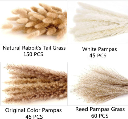 Dried Pampas Grass Decor, 100 Stems Pampas Grass Contains Bunny Tails Dried Flowers, Reed Grass Bouquet for Wedding Boho Flowers Home Table Decor, Rustic Farmhouse Party (17", White and Brown)