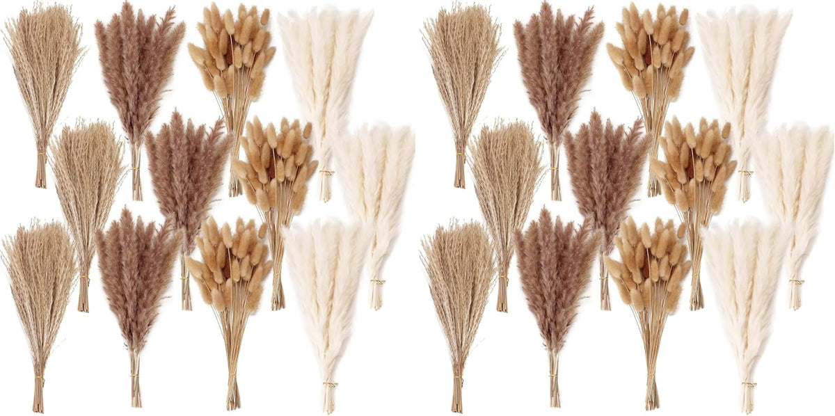 Dried Pampas Grass Decor, 100 Stems Pampas Grass Contains Bunny Tails Dried Flowers, Reed Grass Bouquet for Wedding Boho Flowers Home Table Decor, Rustic Farmhouse Party (17", White and Brown)