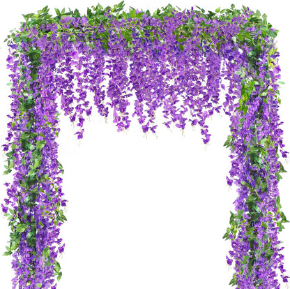 6Pcs Wisteria Garland Artificial Flowers Garland Fake Hanging Wisteria Vines Rattan Silk Hanging Flower Vines for Home Garden Outdoor Wedding Arch Party Ceremony Total 35.4Ft (Purple)