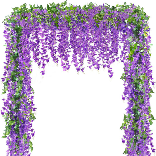 6Pcs Wisteria Garland Artificial Flowers Garland Fake Hanging Wisteria Vines Rattan Silk Hanging Flower Vines for Home Garden Outdoor Wedding Arch Party Ceremony Total 35.4Ft (Purple)