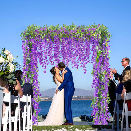 6Pcs Wisteria Garland Artificial Flowers Garland Fake Hanging Wisteria Vines Rattan Silk Hanging Flower Vines for Home Garden Outdoor Wedding Arch Party Ceremony Total 35.4Ft (Purple)