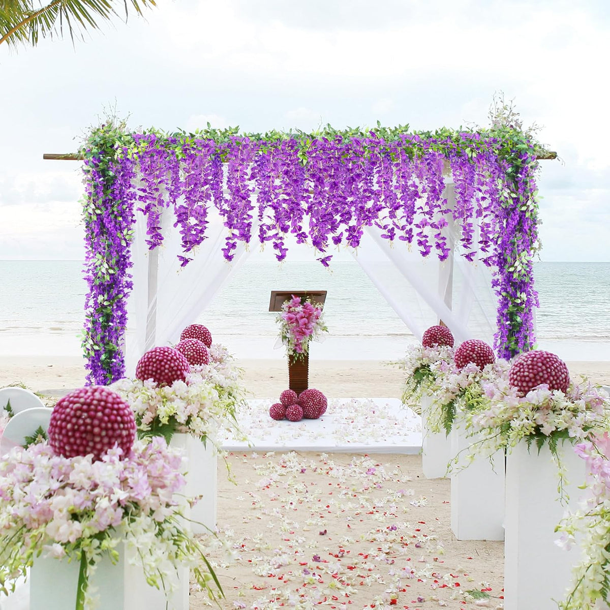 6Pcs Wisteria Garland Artificial Flowers Garland Fake Hanging Wisteria Vines Rattan Silk Hanging Flower Vines for Home Garden Outdoor Wedding Arch Party Ceremony Total 35.4Ft (Purple)