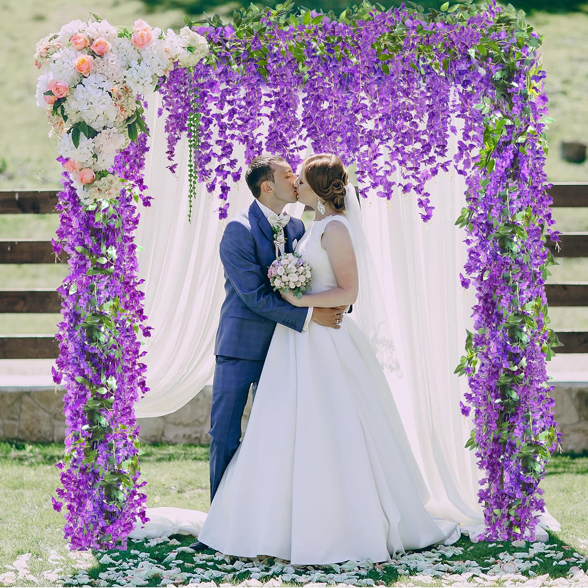 6Pcs Wisteria Garland Artificial Flowers Garland Fake Hanging Wisteria Vines Rattan Silk Hanging Flower Vines for Home Garden Outdoor Wedding Arch Party Ceremony Total 35.4Ft (Purple)