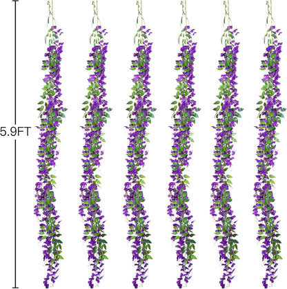 6Pcs Wisteria Garland Artificial Flowers Garland Fake Hanging Wisteria Vines Rattan Silk Hanging Flower Vines for Home Garden Outdoor Wedding Arch Party Ceremony Total 35.4Ft (Purple)