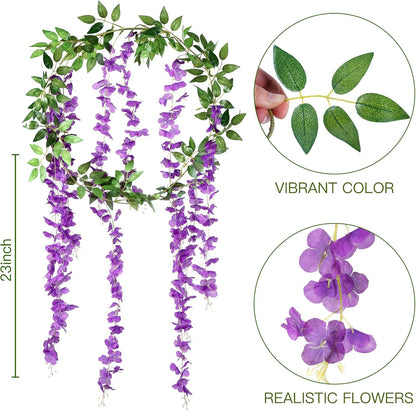 6Pcs Wisteria Garland Artificial Flowers Garland Fake Hanging Wisteria Vines Rattan Silk Hanging Flower Vines for Home Garden Outdoor Wedding Arch Party Ceremony Total 35.4Ft (Purple)