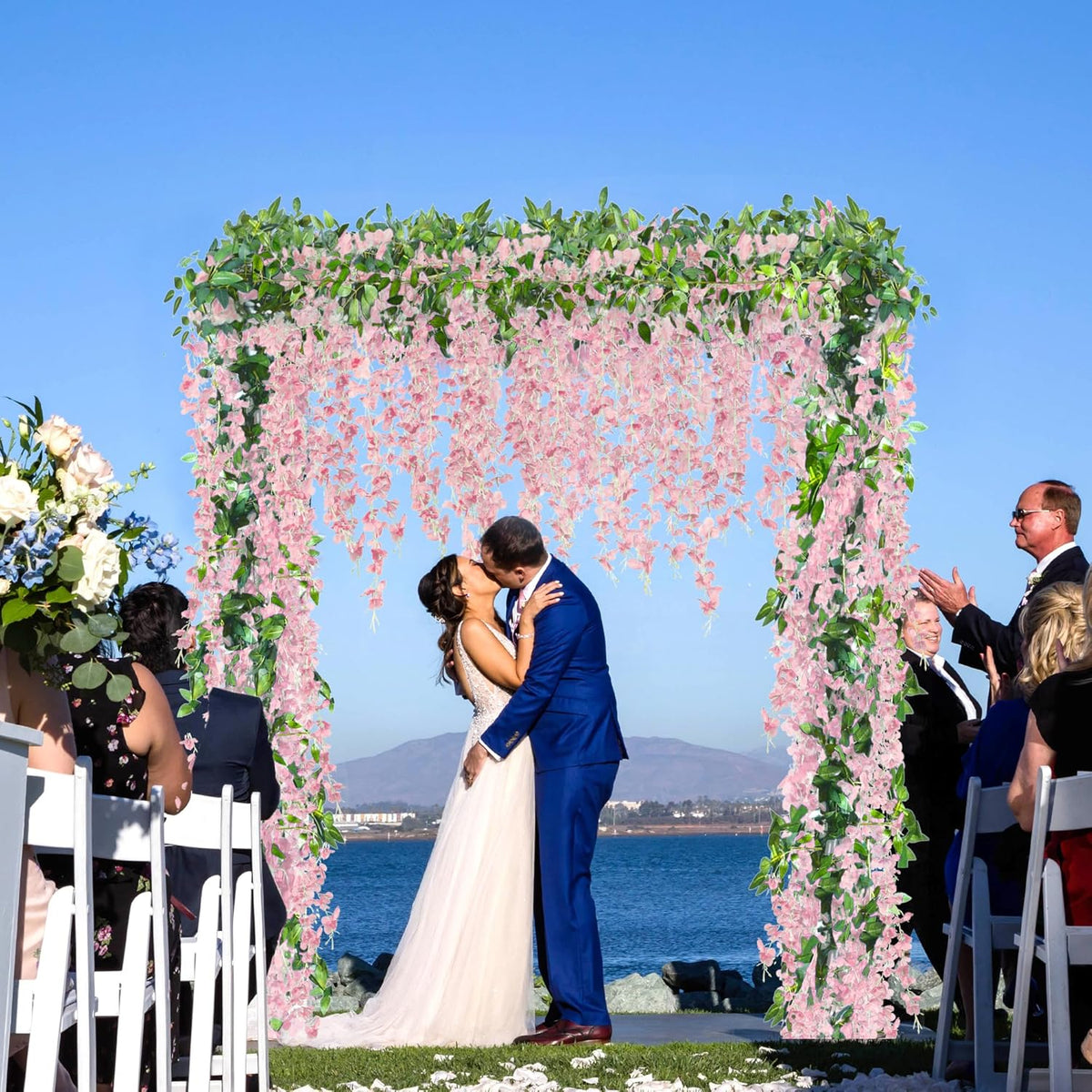 6Pcs Wisteria Garland Artificial Flowers Garland Fake Hanging Wisteria Vines Rattan Silk Hanging Flower Vines for Home Garden Outdoor Wedding Arch Party Ceremony Total 35.4Ft (Purple)