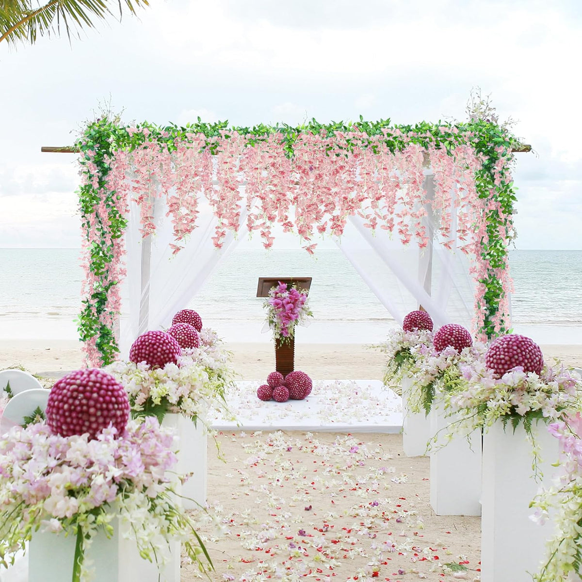 6Pcs Wisteria Garland Artificial Flowers Garland Fake Hanging Wisteria Vines Rattan Silk Hanging Flower Vines for Home Garden Outdoor Wedding Arch Party Ceremony Total 35.4Ft (Purple)
